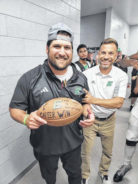130893584_web1_Sam-Houston-first-win-with-Principal
Easley High School Principal Josh Oxendine awards Sam Houston a game ball in honor of his first win for the Green Wave football team. EHS rolled to a 41-14 win over Wade Hampton.
Photo Submitted