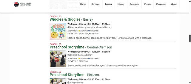 Screenshot of cancelled programs on the PCLS website.